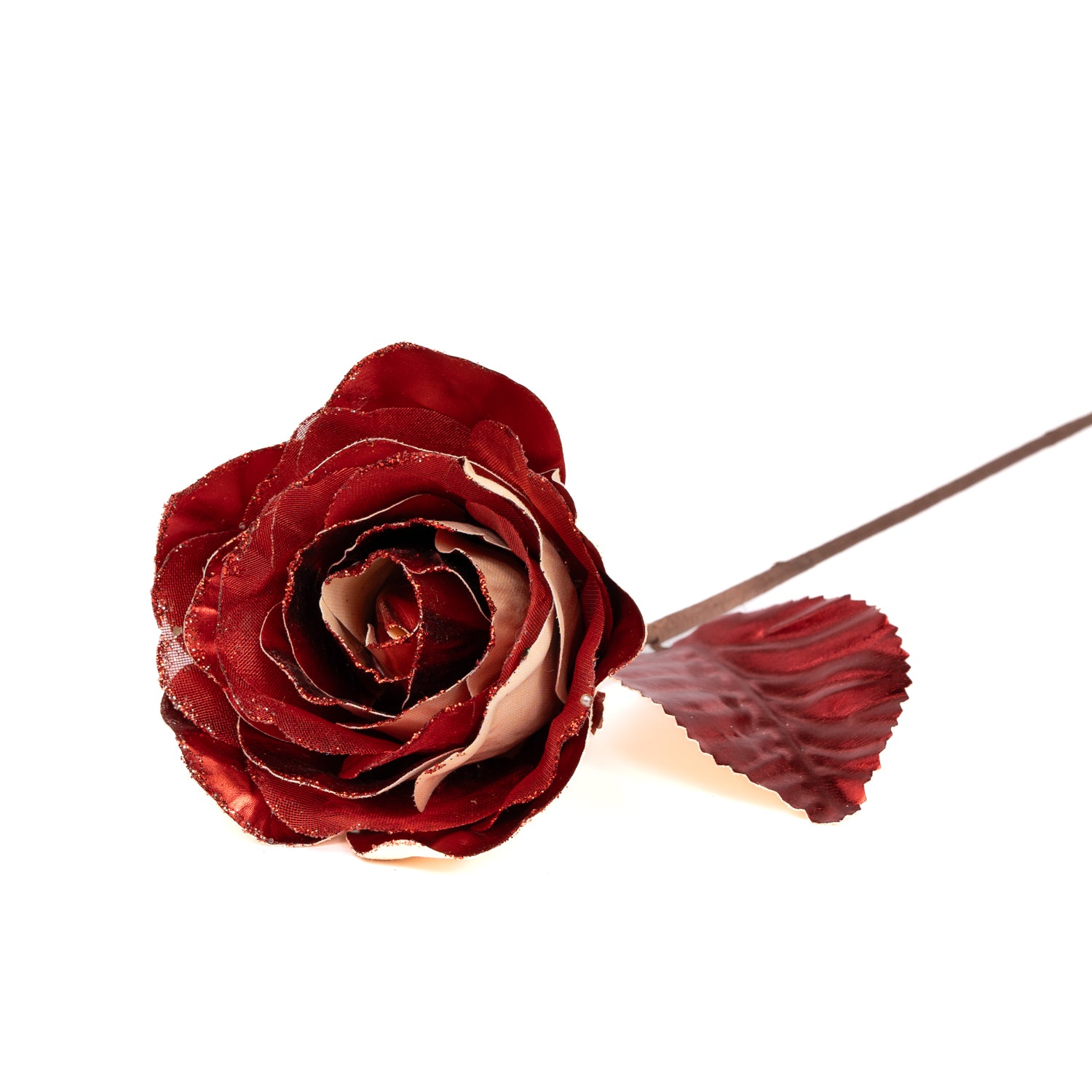 Fiore Rosa, effetto metallizzato, di colore rosso, con gambo lungo, 13X52CM