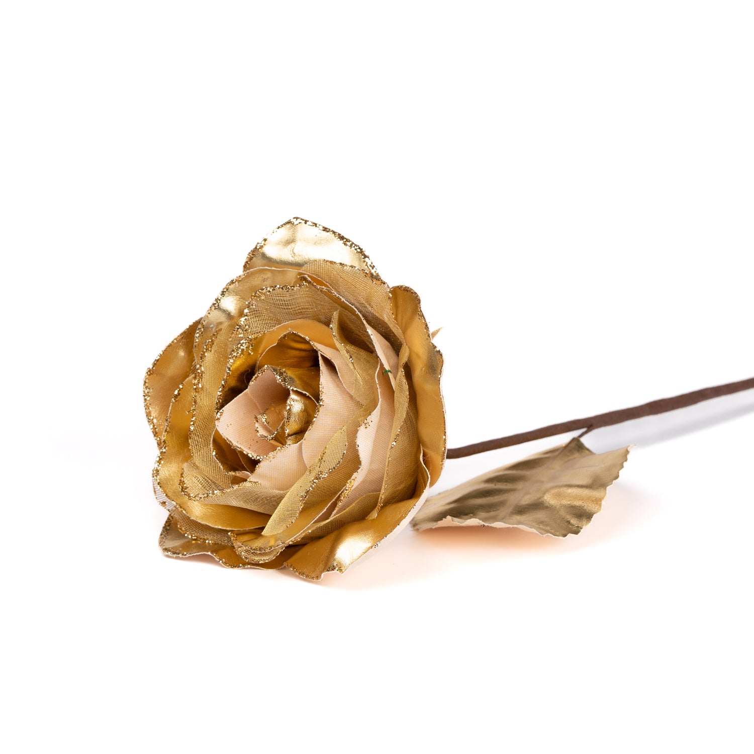 Fiore Rosa, effetto metallizzato, di colore oro, con gambo lungo, 13X52CM