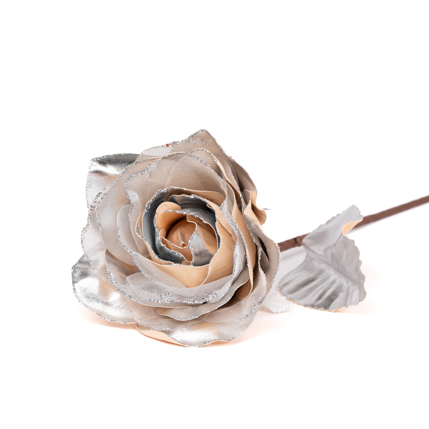 Fiore Rosa, effetto metallizzato, di colore argento, con gambo lungo, 13X52CM
