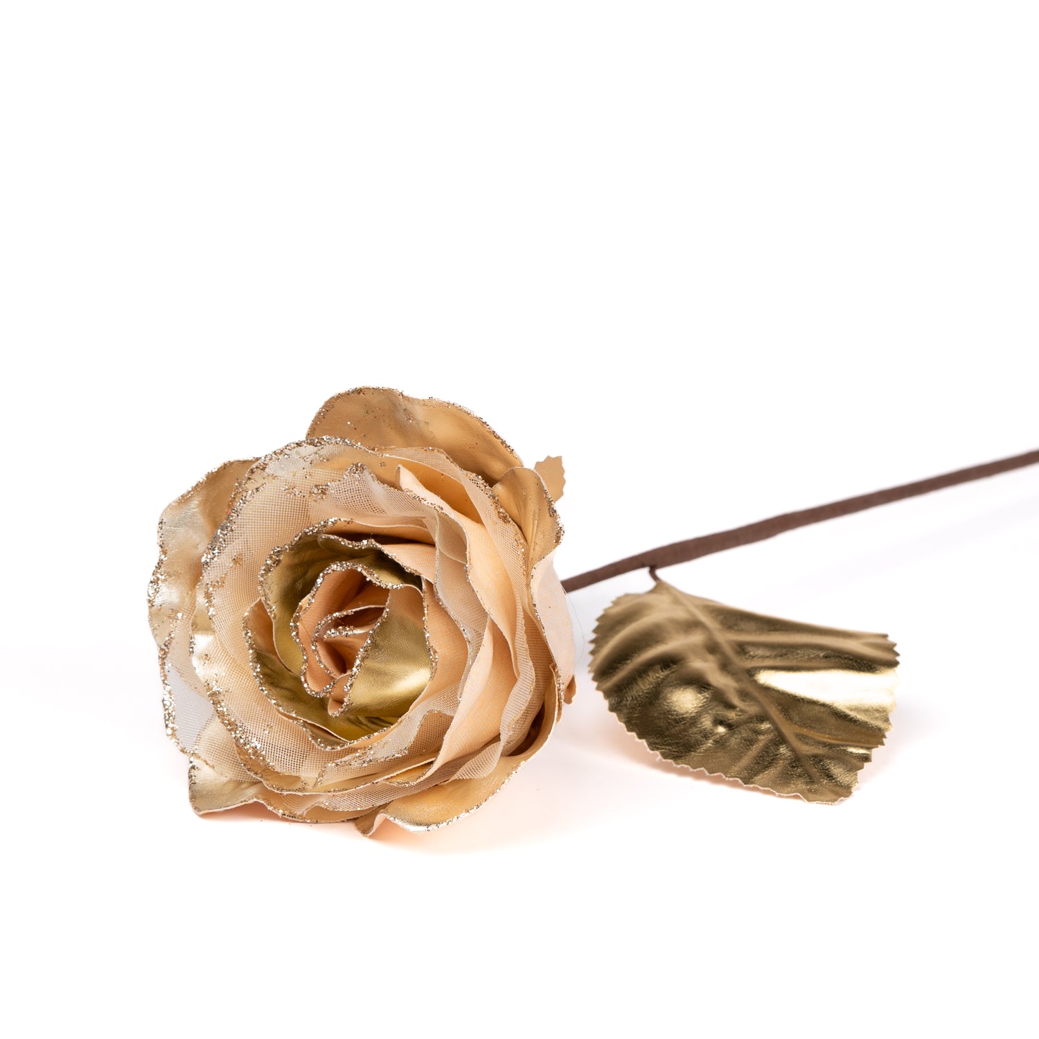 Fiore Rosa, effetto metallizzato, di colore champagne, con gambo lungo, 13X52CM