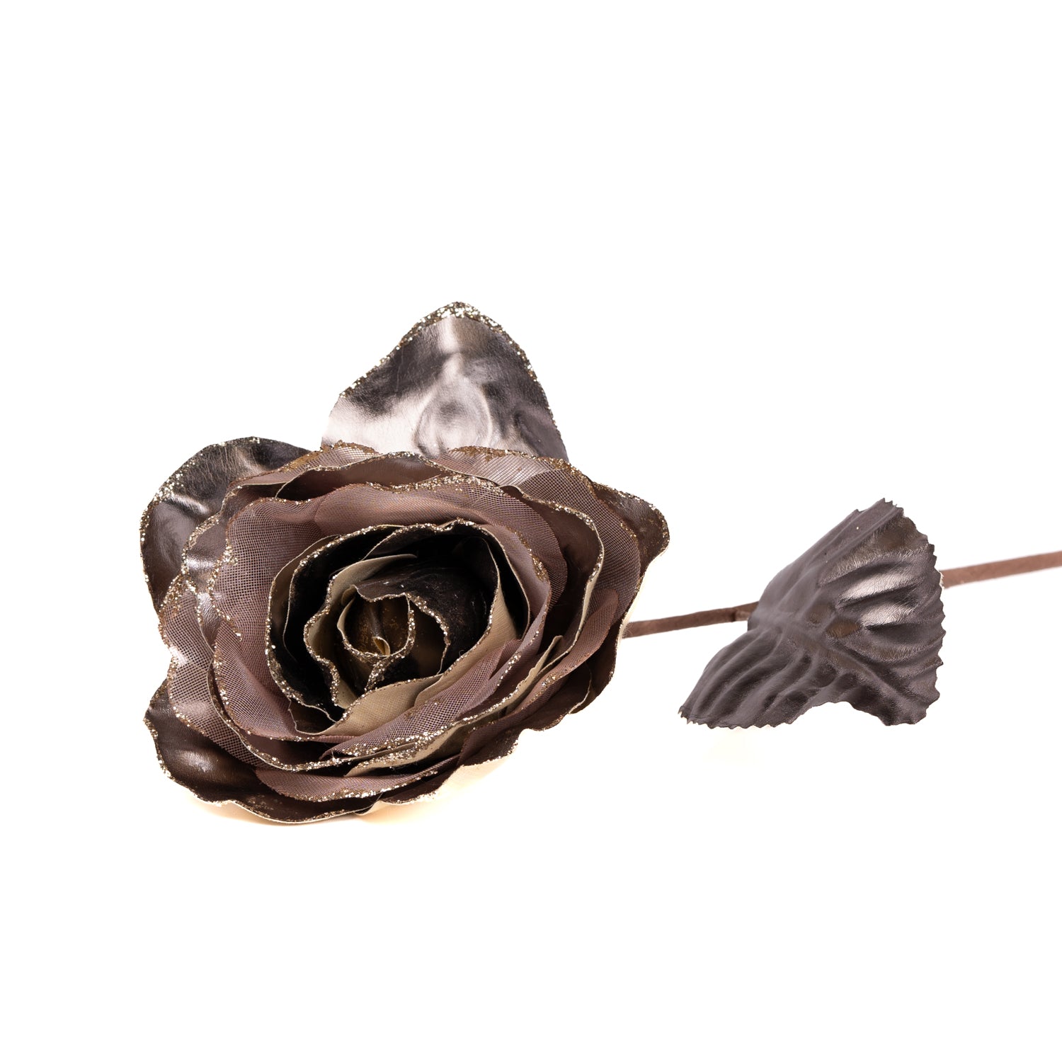 Fiore Rosa, effetto metallizzato, di colore tortora, con gambo lungo, 13X52CM