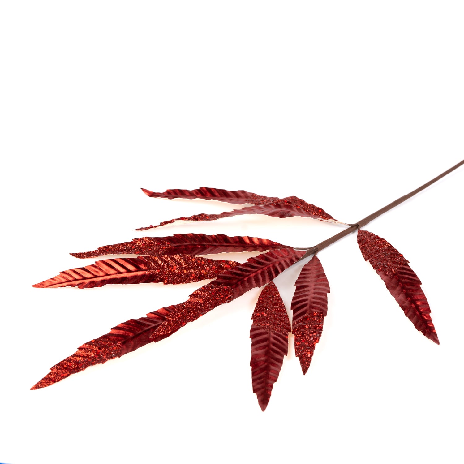 Ramo di Felce, effetto metallizzato, di colore rosso, con gambo lungo, 75CM