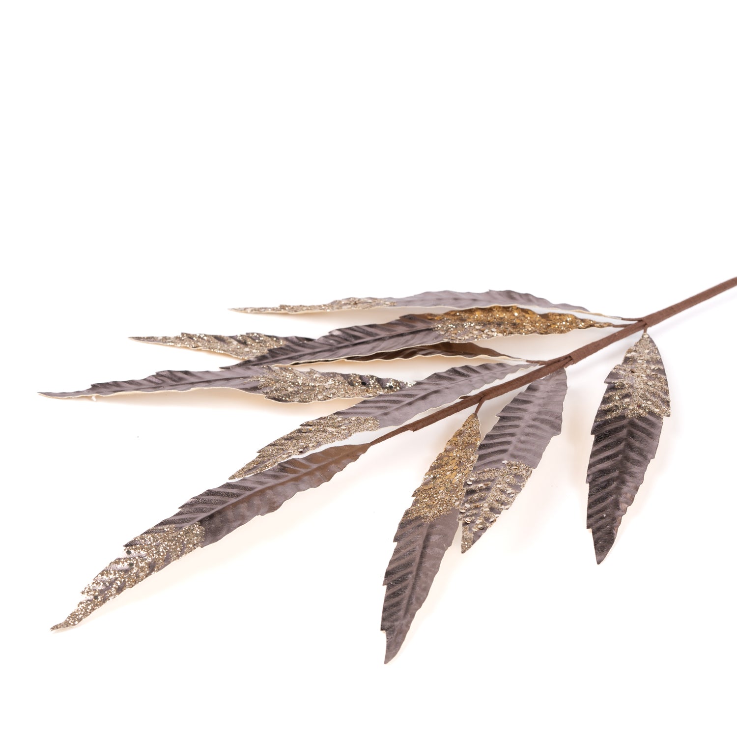 Ramo di Felce, effetto metallizzato, di colore tortora, con gambo lungo, 75CM