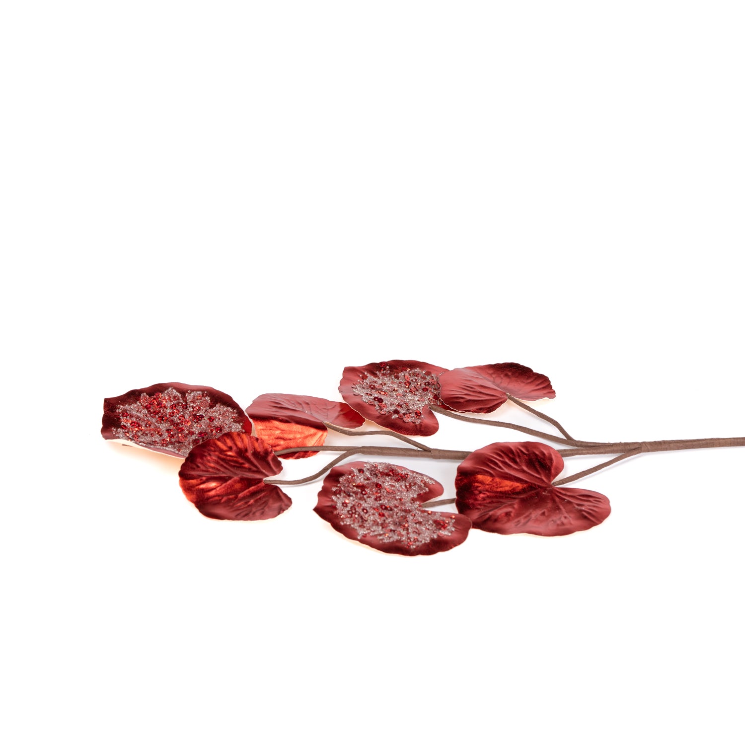 Ramo con foglie, effetto metallizzato, di colore rosso, con gambo lungo, 70CM