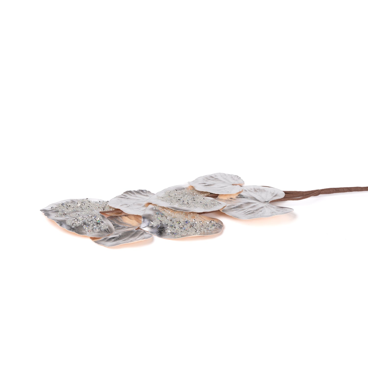 Ramo con foglie, effetto metallizzato, di colore argento, con gambo lungo, 70CM