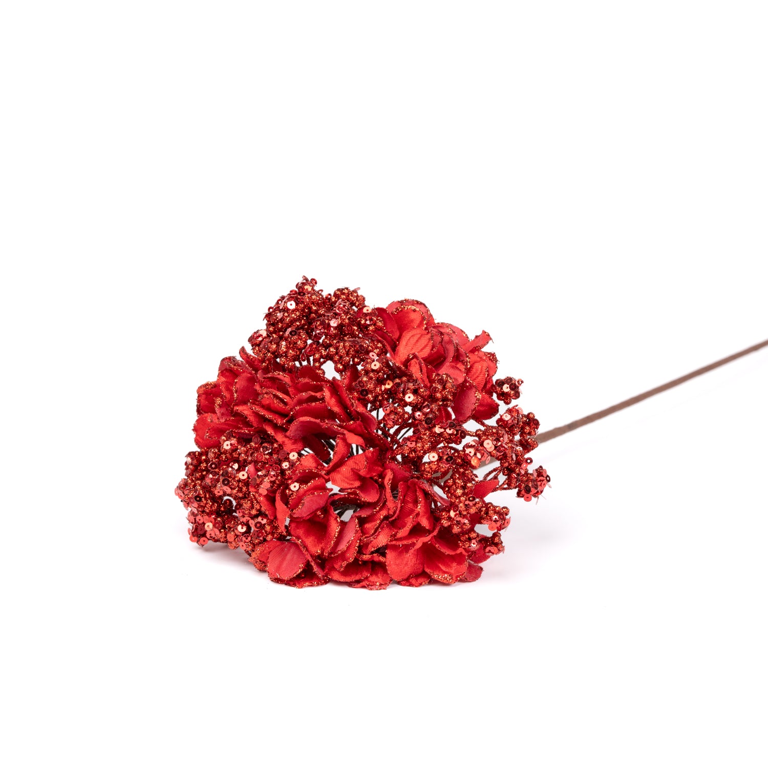 Fiore Ortensia di colore rosso con paillettes, gambo lungo, 20X57CM