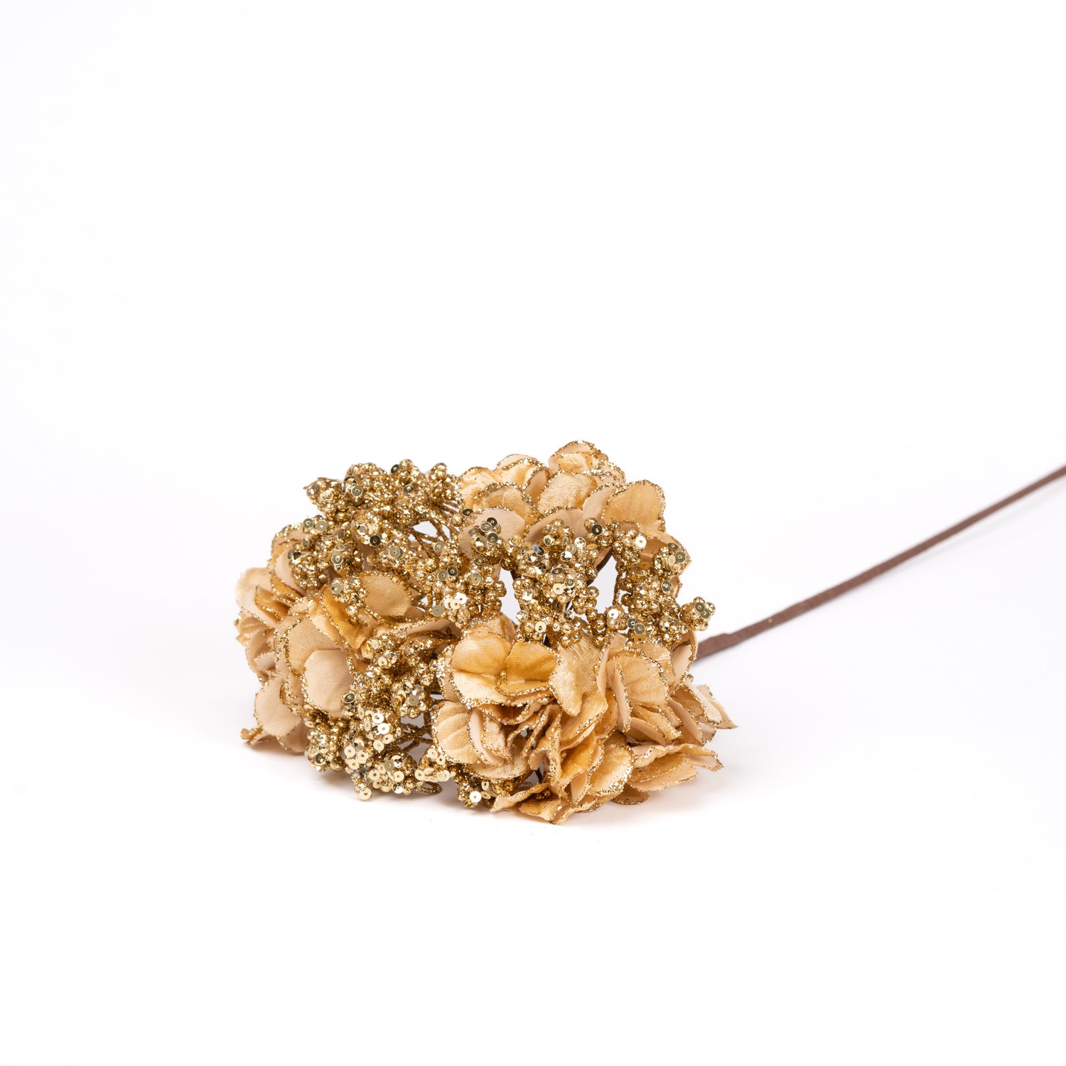 Fiore Ortensia di colore oro con paillettes, gambo lungo, 20X57CM