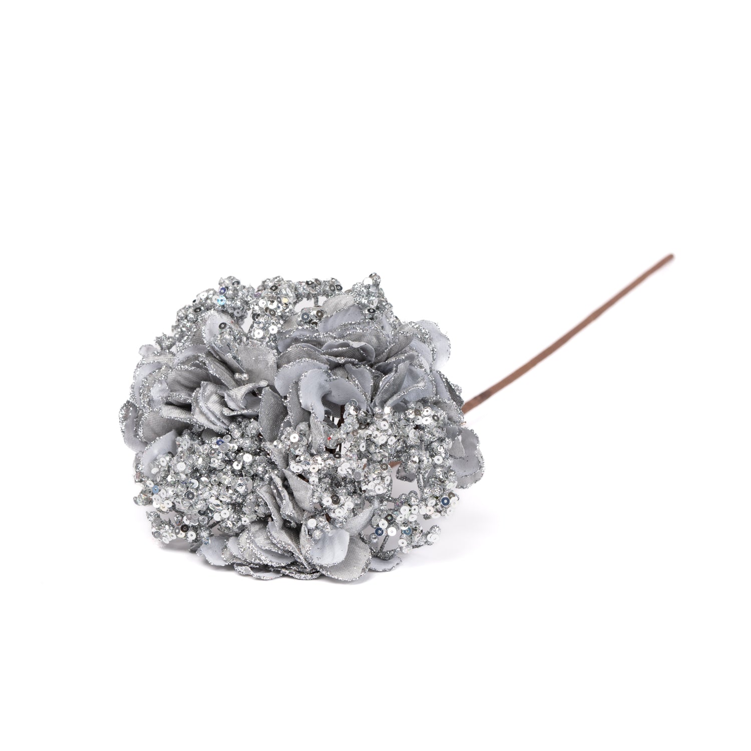 Fiore Ortensia di colore argento con paillettes, gambo lungo, 20X57CM