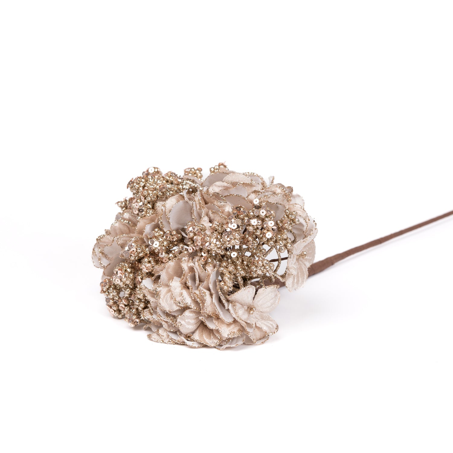 Fiore Ortensia di colore champagne con paillettes, gambo lungo, 20X57CM