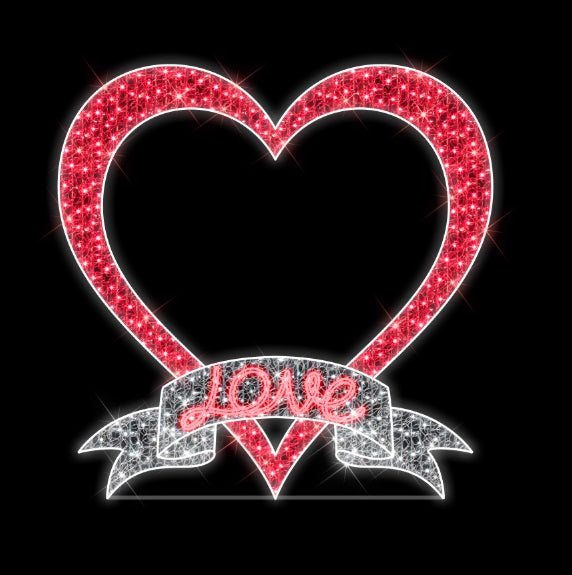 Struttura luminosa in 2D a forma di cuore con scritta LOVE, 220X220CM