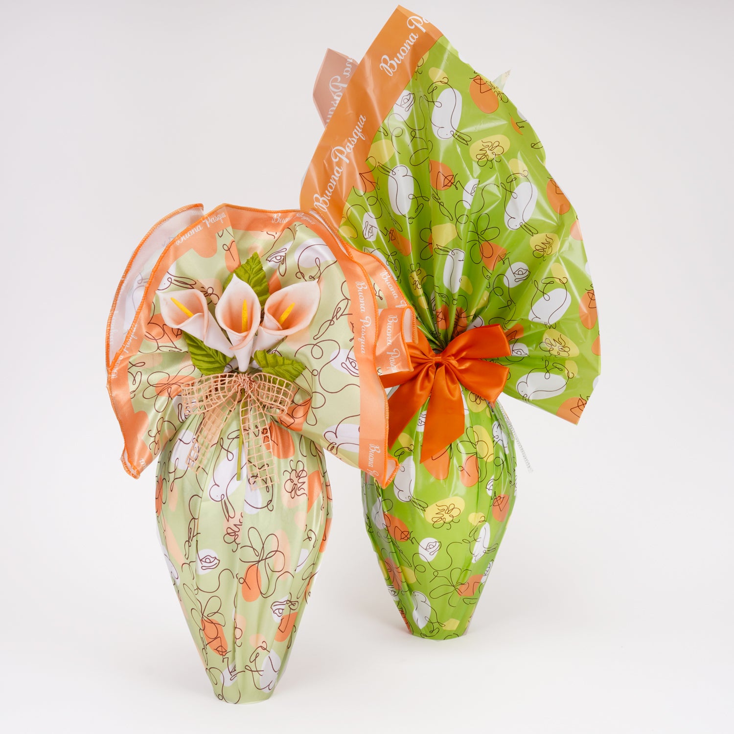 Tessuto per uova di pasqua e colombe 100cm, fantasia Sinuosa Arancione e Verde