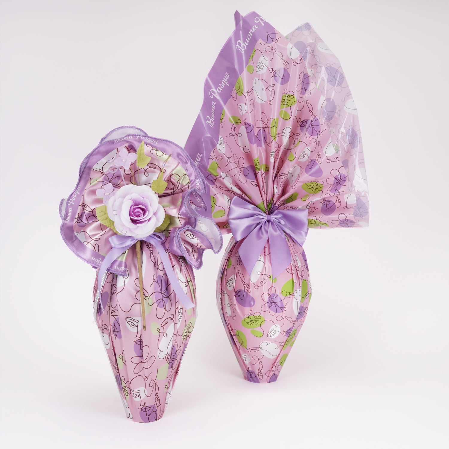 Tessuto per uova di pasqua e colombe 100cm, fantasia Sinuosa Glicine e Rosa
