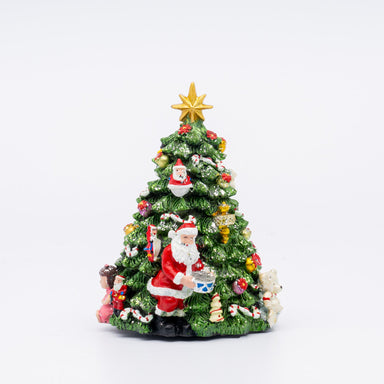 Carillon 12X12X16 a forma di albero di natale decorato da addobbi, caratterizzato da un puntale a forma di stella e da Babbo Natale ai suoi piedi che poggia i doni. Adatto per decorare ambienti interni, allestire, vetrine e showroom.  Visita lo shop online Silani.